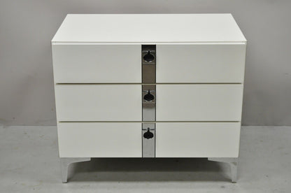 Contemporary Modern White Formica Chrome Trim 3 Drawer Chest Nightstand Table