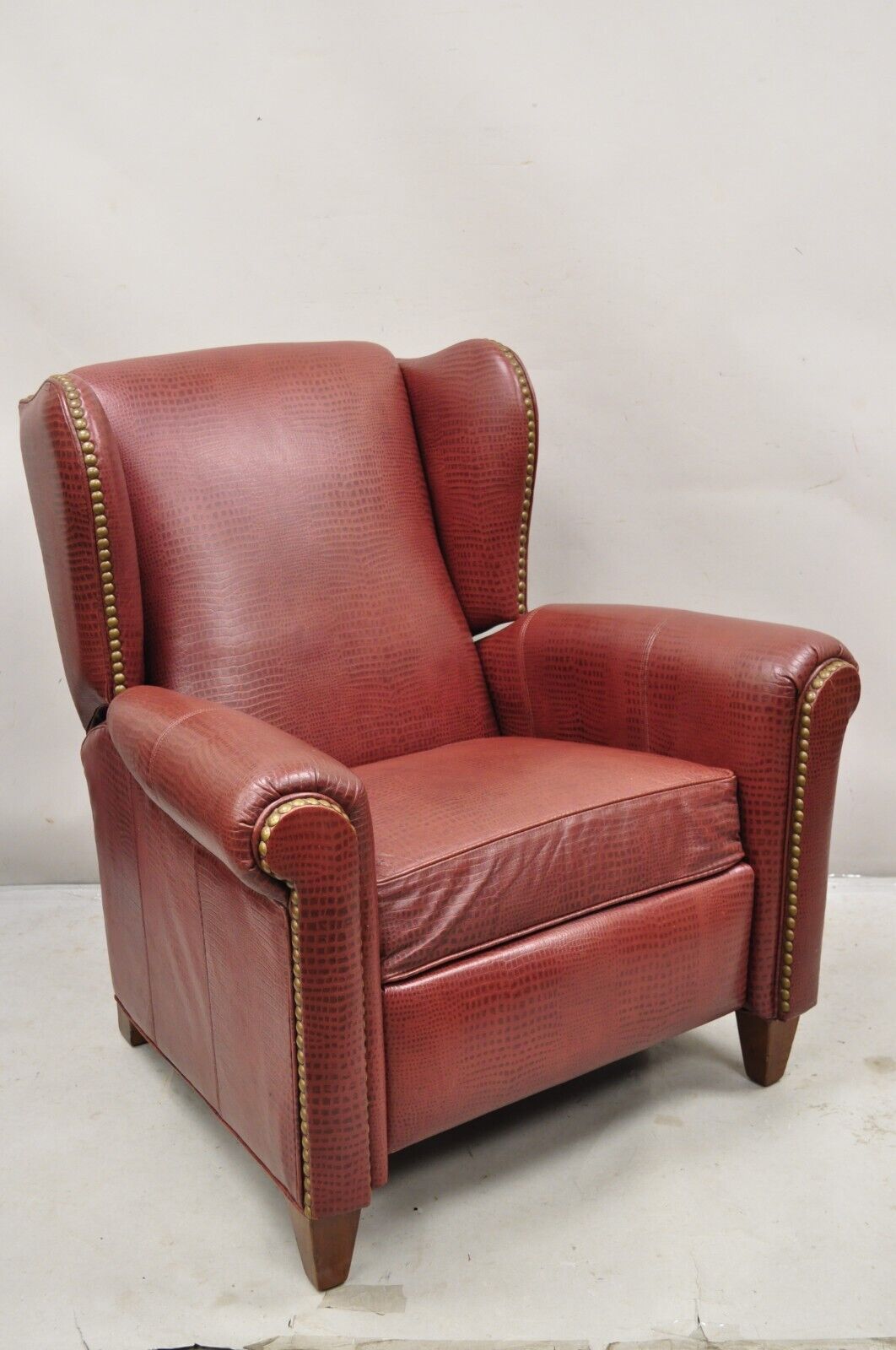 Ethan Allen Burgundy Red Croc Print Leather Upholstered Wingback Recliner Chair