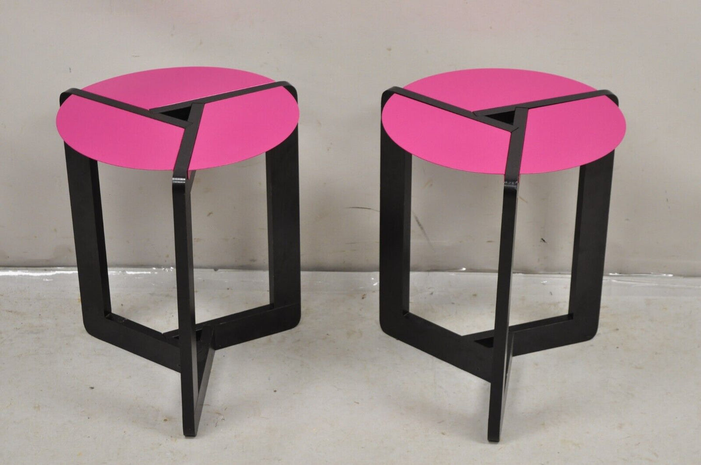 Vintage Memphis Style Steel and Wood Pink Tripod Side Table - A Pair