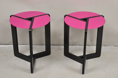 Vintage Memphis Style Steel and Wood Pink Tripod Side Table - A Pair