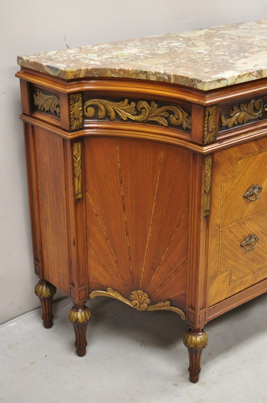 Antique French Louis XVI Style Marble Top Satinwood Demilune Dresser Commode