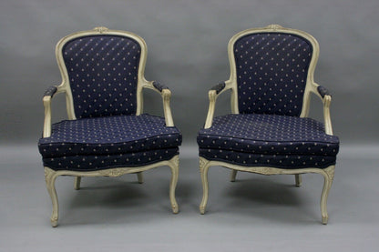 Pair Carved Wood White Painted French Country Louis XV Style Arm Chairs Vintage