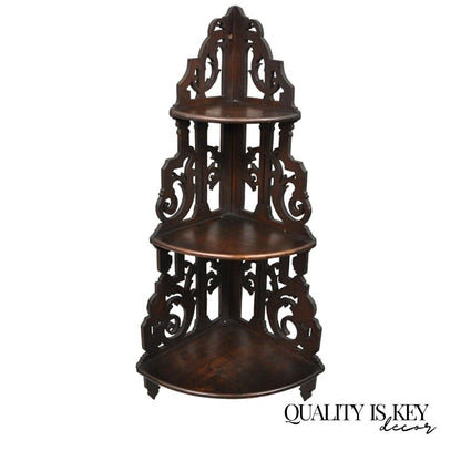 Victorian Walnut 3 Tier Carved Knick Knack Corner Whatnot Wall Shelf Curio