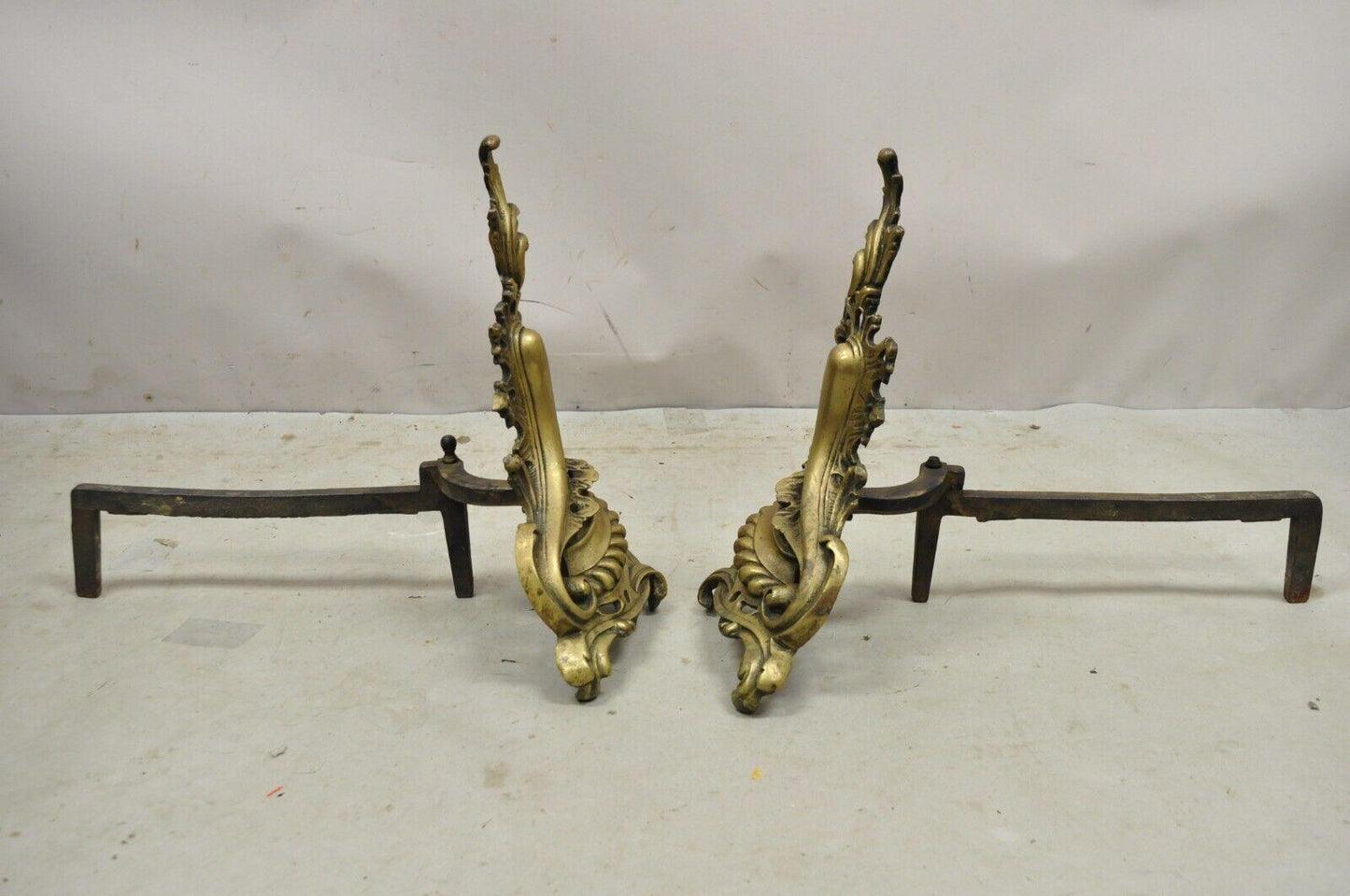 Antique French Rococo Baroque Style Brass Leafy Acanthus Andirons - a Pair