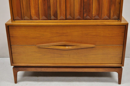 Mid Century Modern Sculpted Walnut Diamond Facade Wardrobe Tall Highboy Cabinet