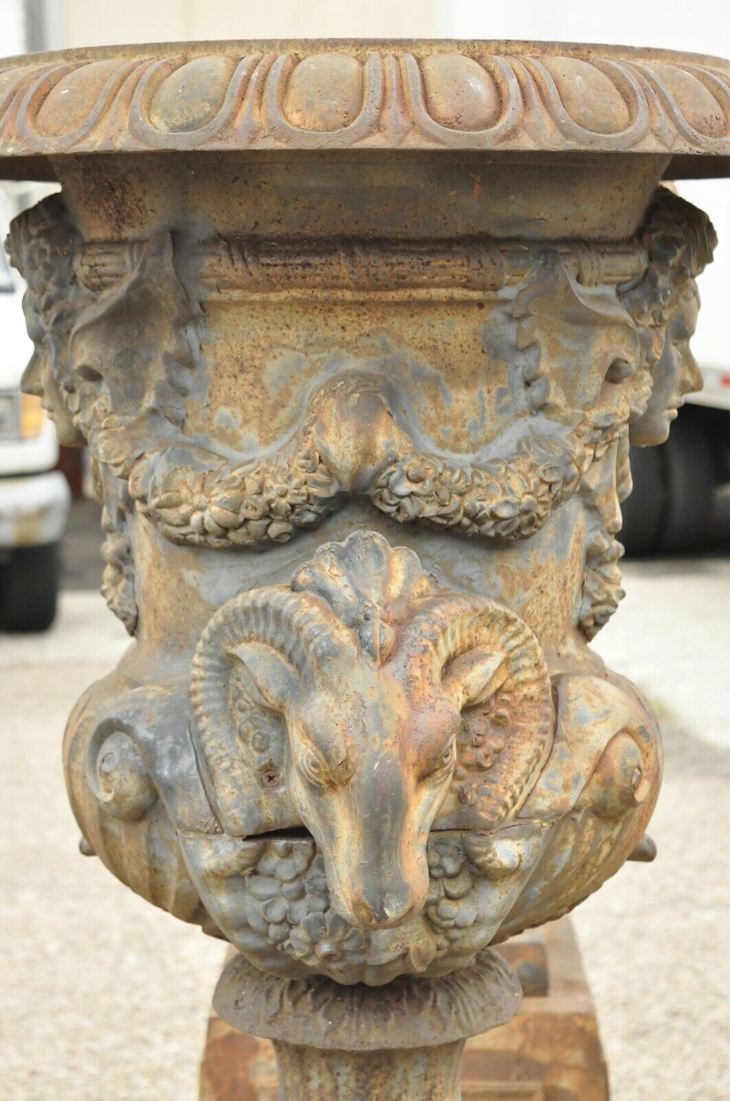 French Empire Regency Large Cast Iron Rams Head Garden Urn Planters - a Pair
