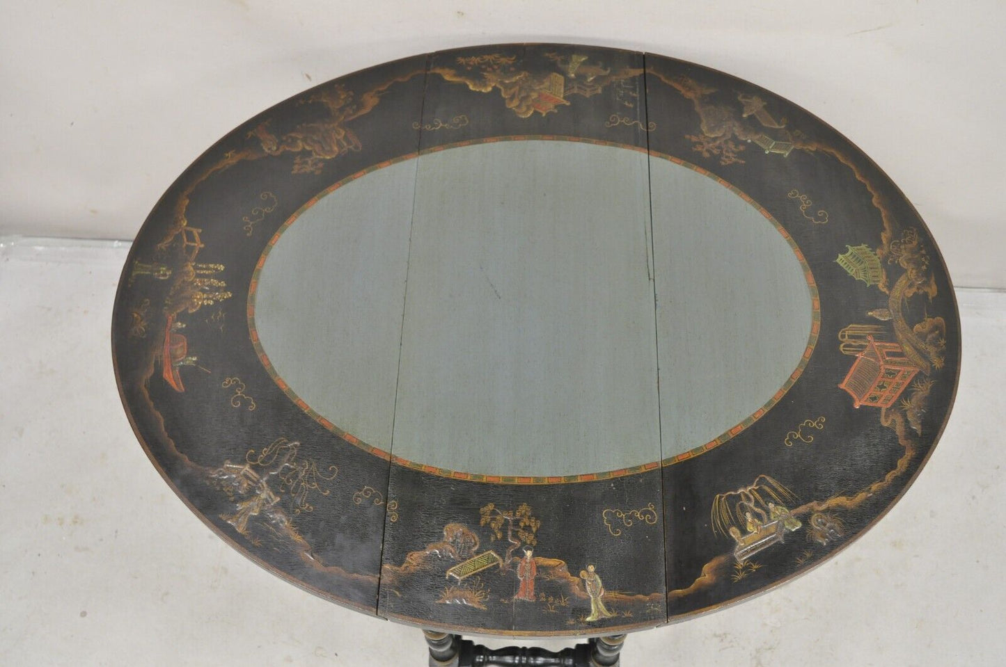Antique Chinoiserie Lacquered Chinese Gate Leg Drop Leaf Blue Oval Side Table