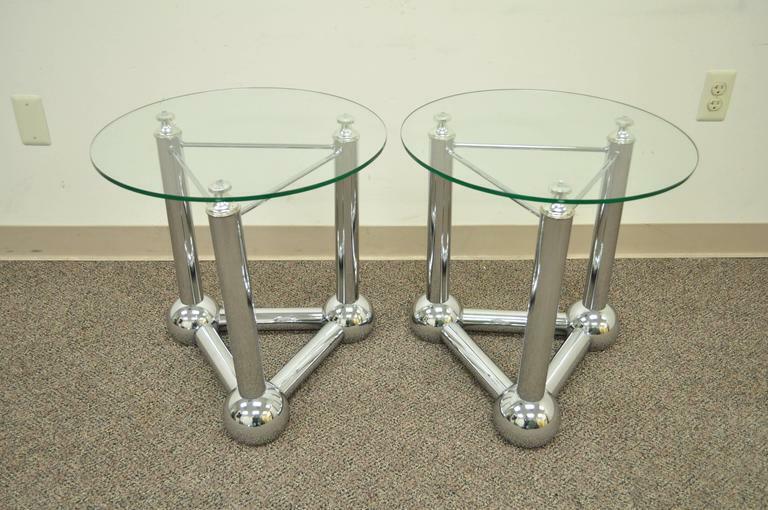 Pair Mid Century Modern Chrome Ball Orb Atomic Era Round Glass Side End Tables