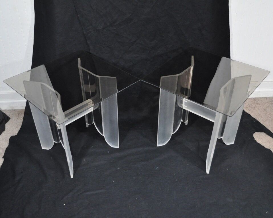 Vintage Pair Mid Century Modern Frosted Lucite & Glass Butterfly End Side Tables