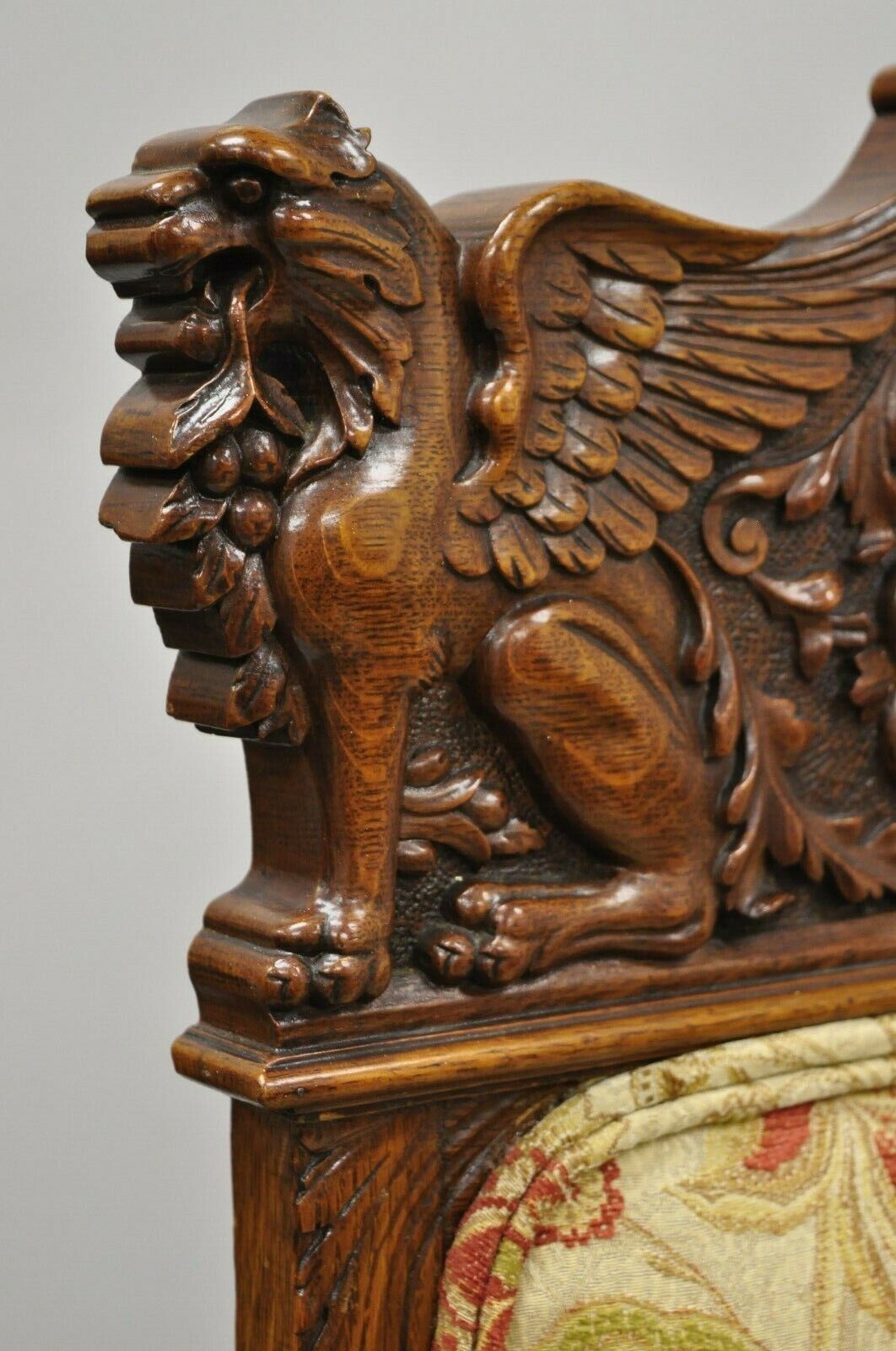 Pair 19th C. Carved Oak Winged Griffin Paw Foot Dining Chairs Attr. RJ Horner