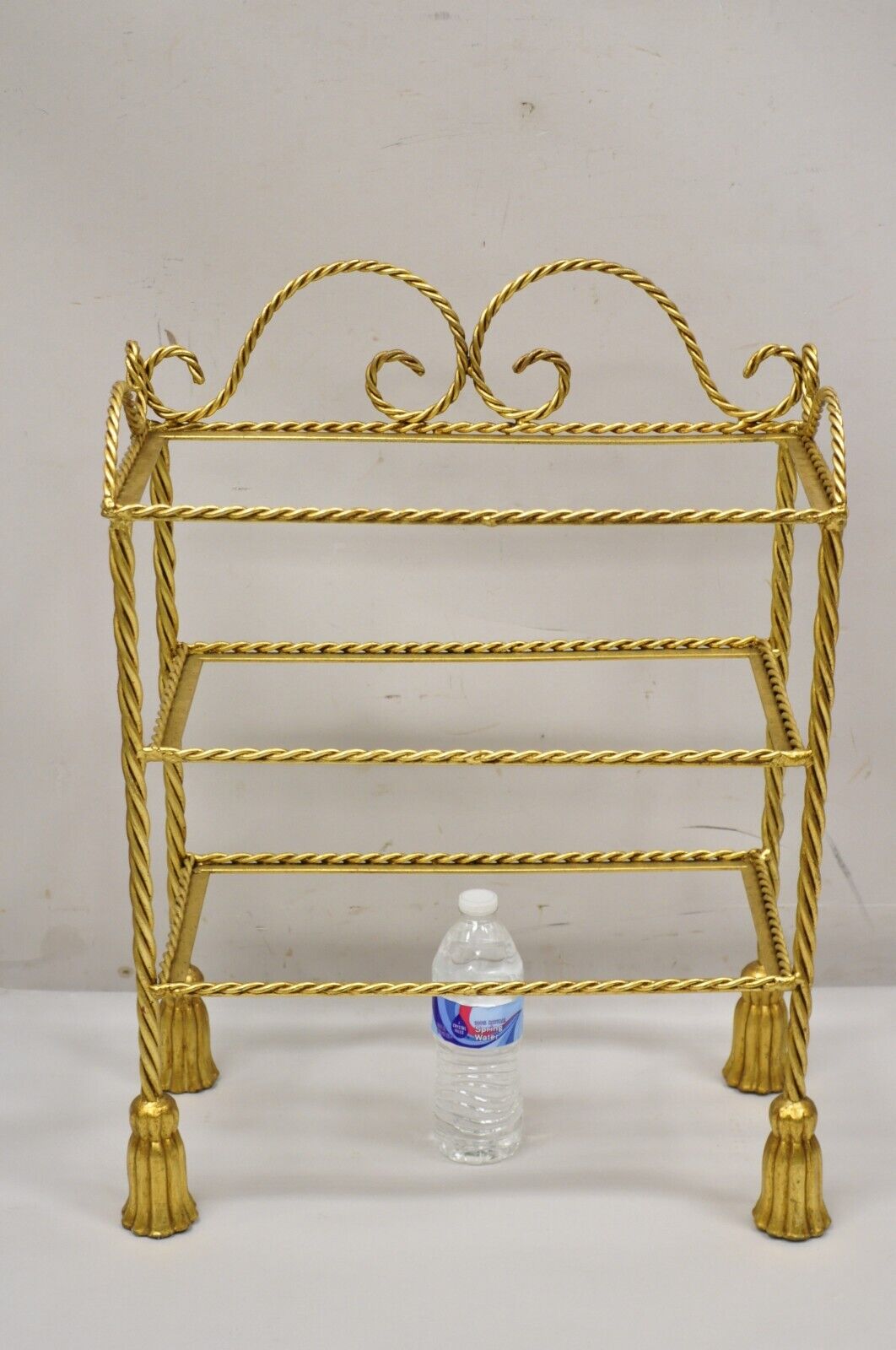 Italian Hollywood Regency Gold Gilt Iron 3 Tier Shelf Small Display Stand (A)