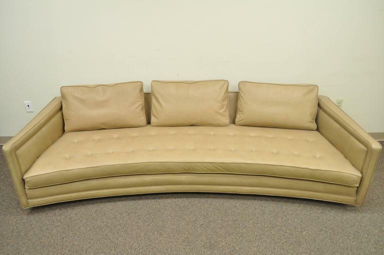 Harvey Probber Long Curved Button Tufted Beige Leather Mid Century Modern Sofa