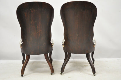 Laminated Rosewood John Henry Belter Victorian Slipper Lounge Chairs - a Pair