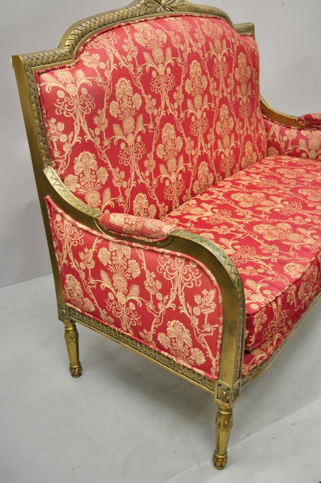 French Louis XVI Style Gold Red Upholstered Settee Sofa Loveseat Decorator Chair
