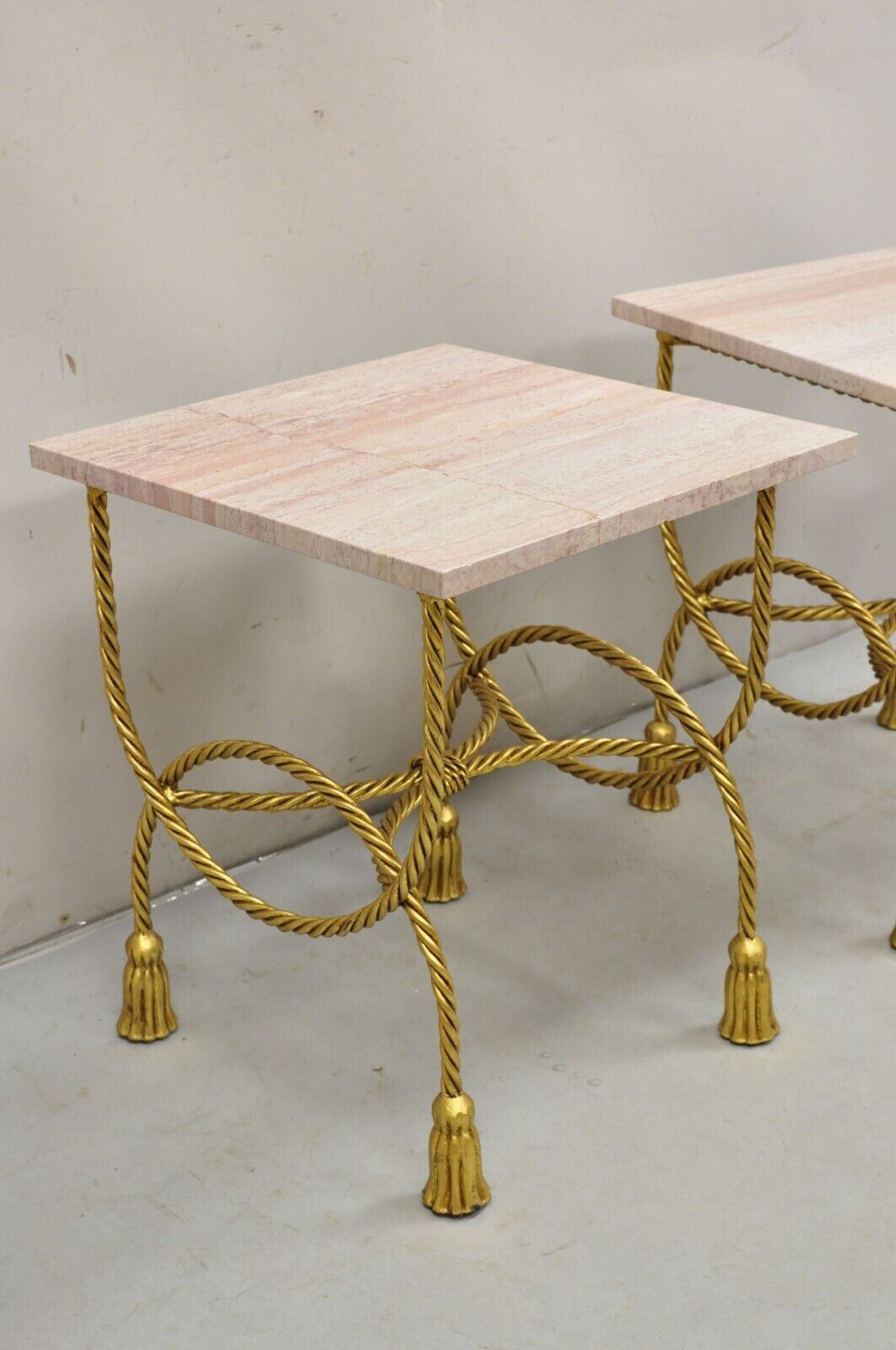 Italian Hollywood Regency Gold Iron Rope Tassel Pink Marble Top Side Table Pair