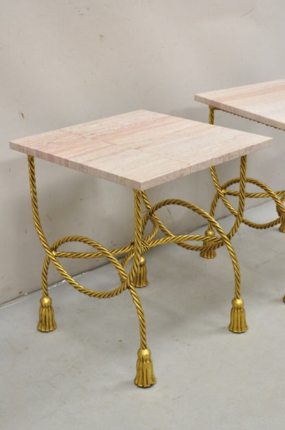 Italian Hollywood Regency Gold Iron Rope Tassel Pink Marble Top Side Table Pair