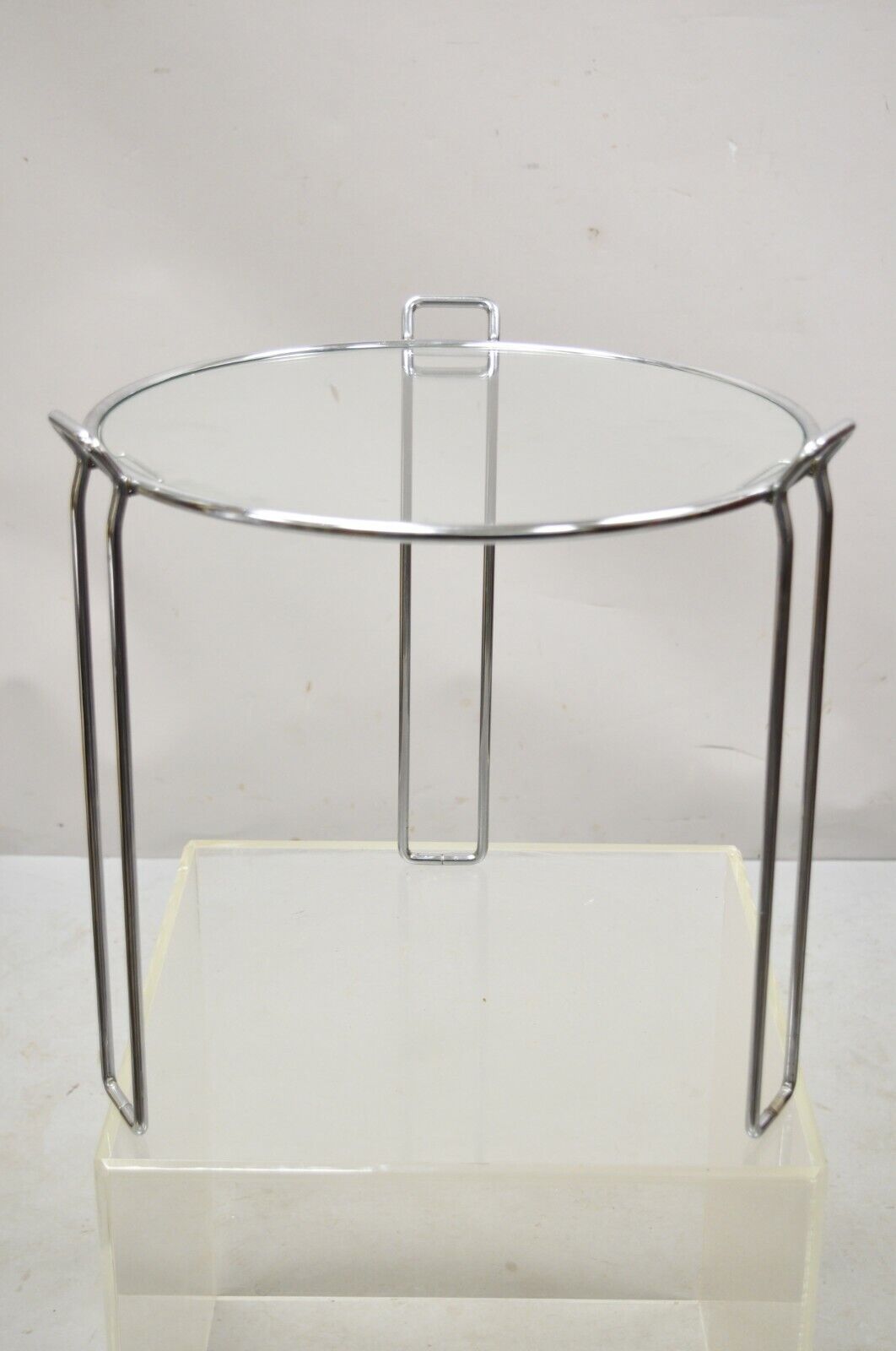 Vintage Mid Century Modern Round Modernist Chrome Frame Glass Side Table