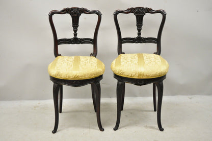 Antique French Victorian Carved Rosewood Small Petite Accent Side Chairs - Pair