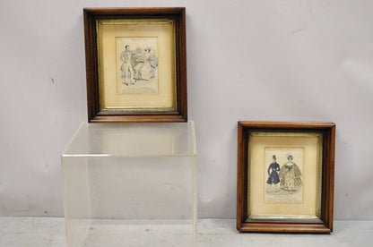 French 1830s Victorian Lithograph Print Couple Fashion Gown in Frames - a Pair