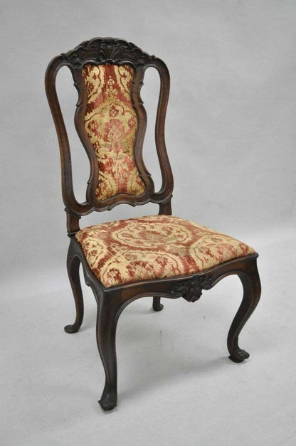 Set of Six Antique Italian Baroque Carved Walnut French Style Dining Chairs