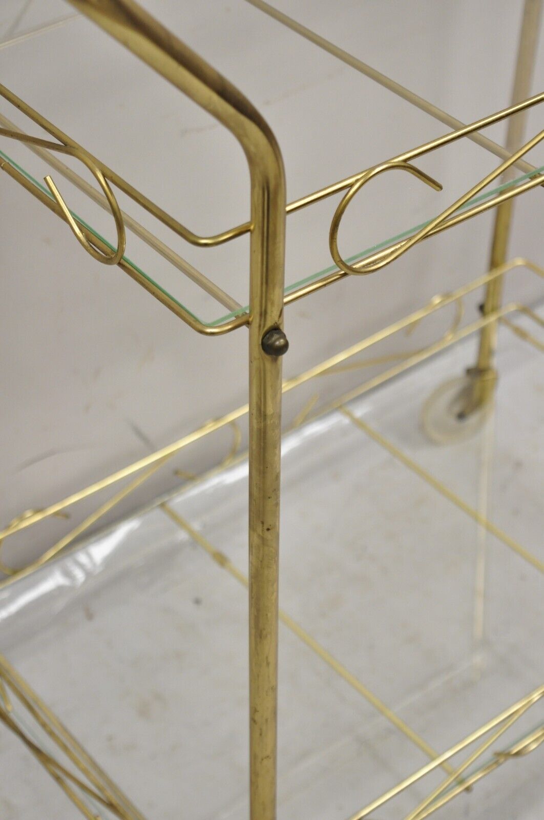 Vintage Mid Century Modern Gold Metal 2 Tier Rolling Bar Tea Cart Server