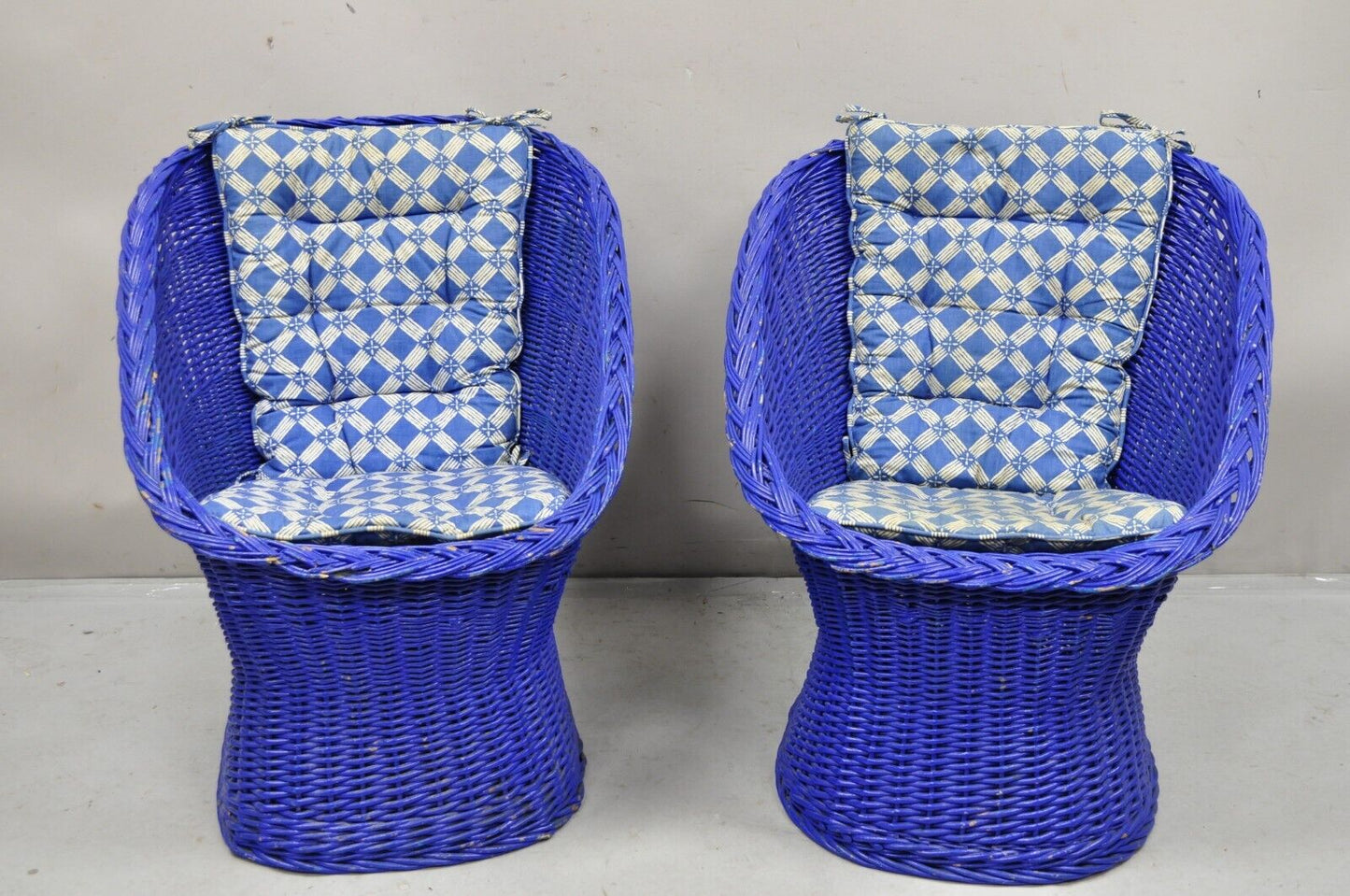 Vintage Mid Century Modern Blue Painted Wicker Rattan Pod Club Chairs - a Pair