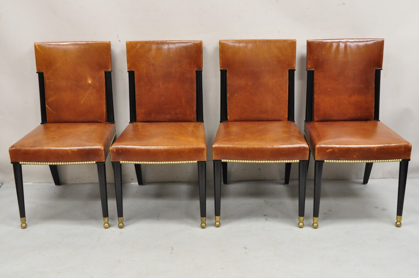 French Art Deco Style Brown Leather Ebonized Frame Dining Chairs - Set of 8