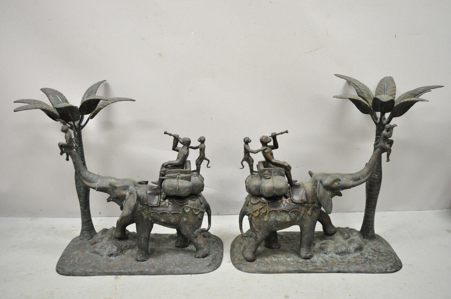 Maitland Smith Bronze Monkey Elephant Palm Tree Sculpture Candle Holder - a Pair