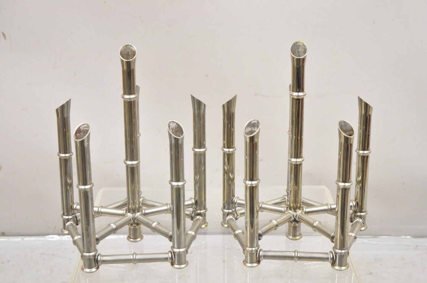 Hollywood Regency Silver Plated Chrome Faux Bamboo Candlestick Stands - a Pair