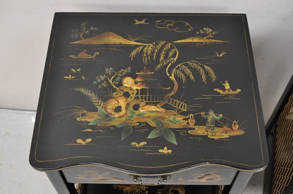 Katherine Henick Chinoiserie Chinese Black Hand Painted Nightstands - a Pair