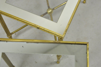 Brass Italian Hollywood Regency Side Nesting Tables Glass Top Tapered Legs Set 3