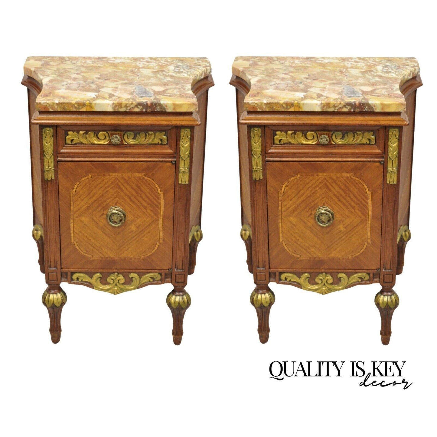 French Louis XVI Style Marble Top Satinwood Inlay Mahogany Nightstands - a Pair