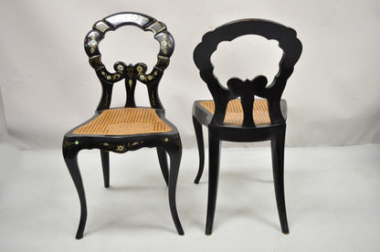 Antique English Regency Mother of Pearl Inlay Black Ebonized Side Chair - a Pair