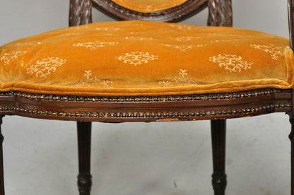 French Louis XVI Style Upholstered Oval Back Dining Arm Chairs - a Pair