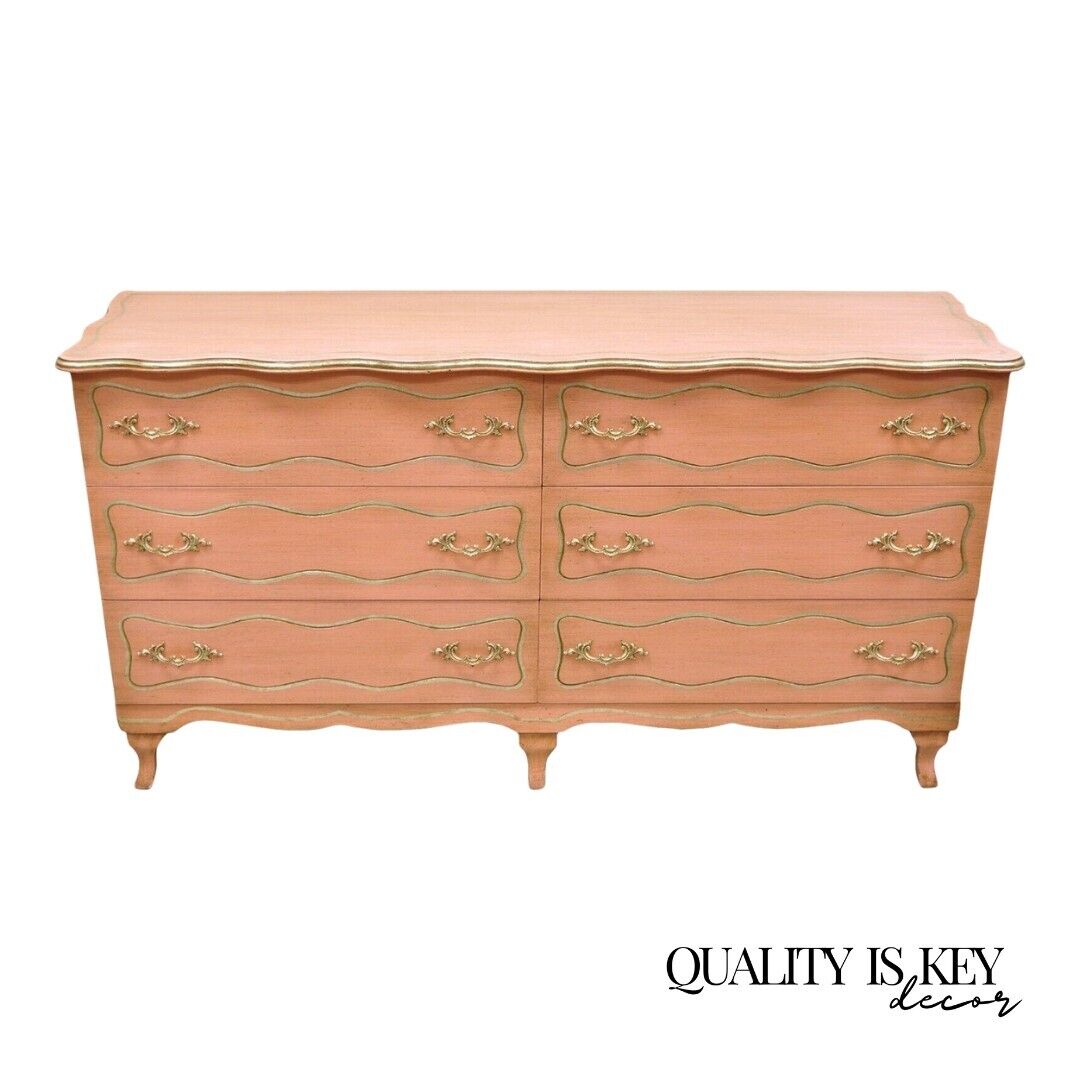 Vintage Hollywood Regency Dorothy Draper Style Bubblegum Pink 6 Drawer Dresser