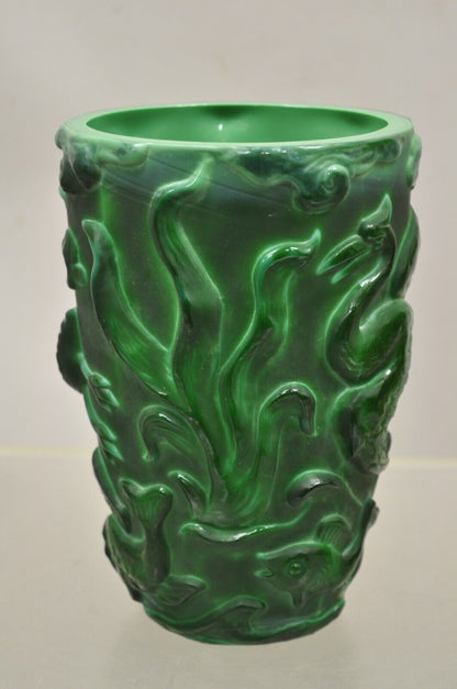 Vintage Art Deco Green Glass "Malachite" Bird and Fish Vessel Vase