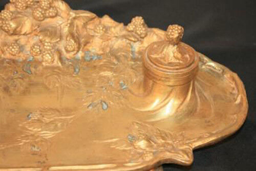 Antique French Art Nouveau Gilt Bronze Inkwell Signed A. Marionnet Depose