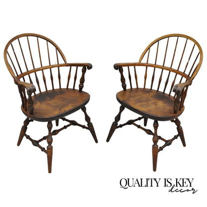 Nichols & Stone Rock Maple Wood Bowback Colonial Windsor Arm Chairs - a Pair