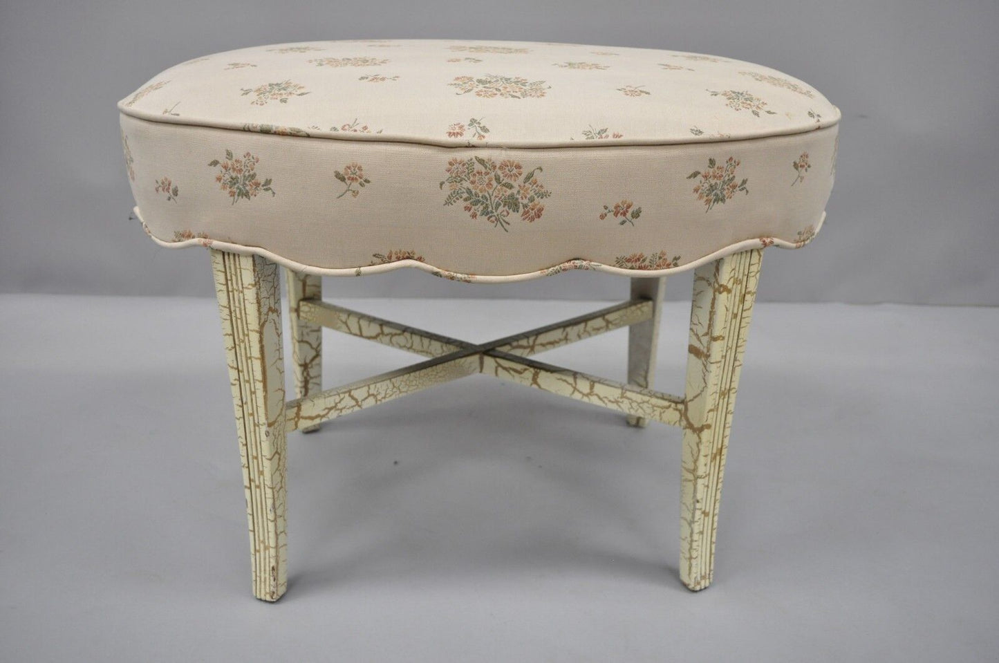 French Victorian Style White Distress Painted Accent Oval Vanity Bench Seat