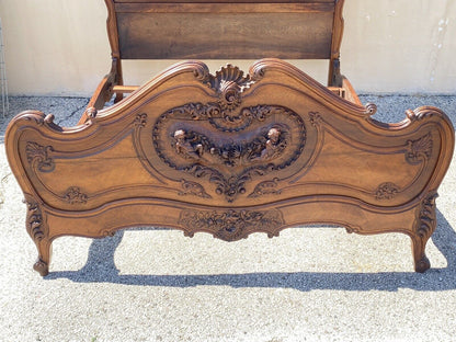 Antique French Rococo Louis XV Style Carved Walnut Cherubs & Heart Bed Frame