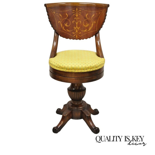 Empire Regency Satinwood Inlay Mahogany Swivel Harpist Stool Vanity Side Chair