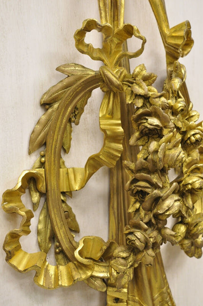 French Louis XV Gold Gilt Bronze Ribbon Drape Large Wall Plaque Sconces - a Pair