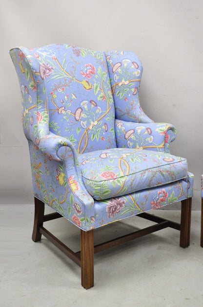 Vintage English Edwardian Style Mahogany Blue Floral Wingback Chairs - a Pair