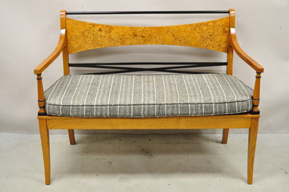 Vintage Italian Biedermeier X-Frame Burlwood Cane Seat Klismos Long Bench Settee