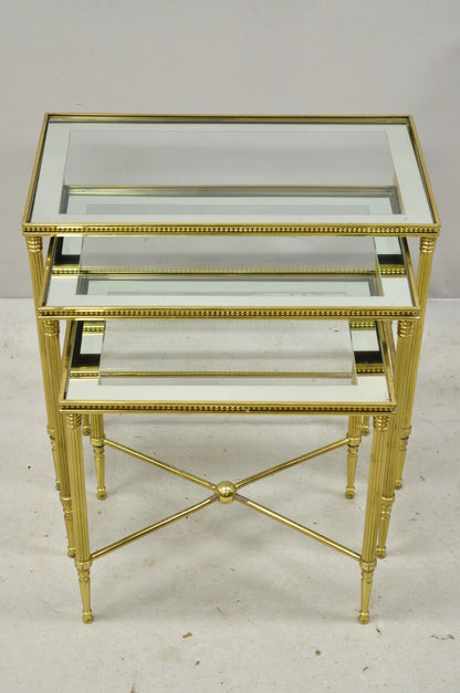 Brass Italian Hollywood Regency Side Nesting Tables Glass Top Tapered Legs Set 3