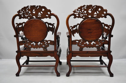 Pair of Vintage Oriental Dragon Carved Rosewood Lounge Throne Chair Armchairs