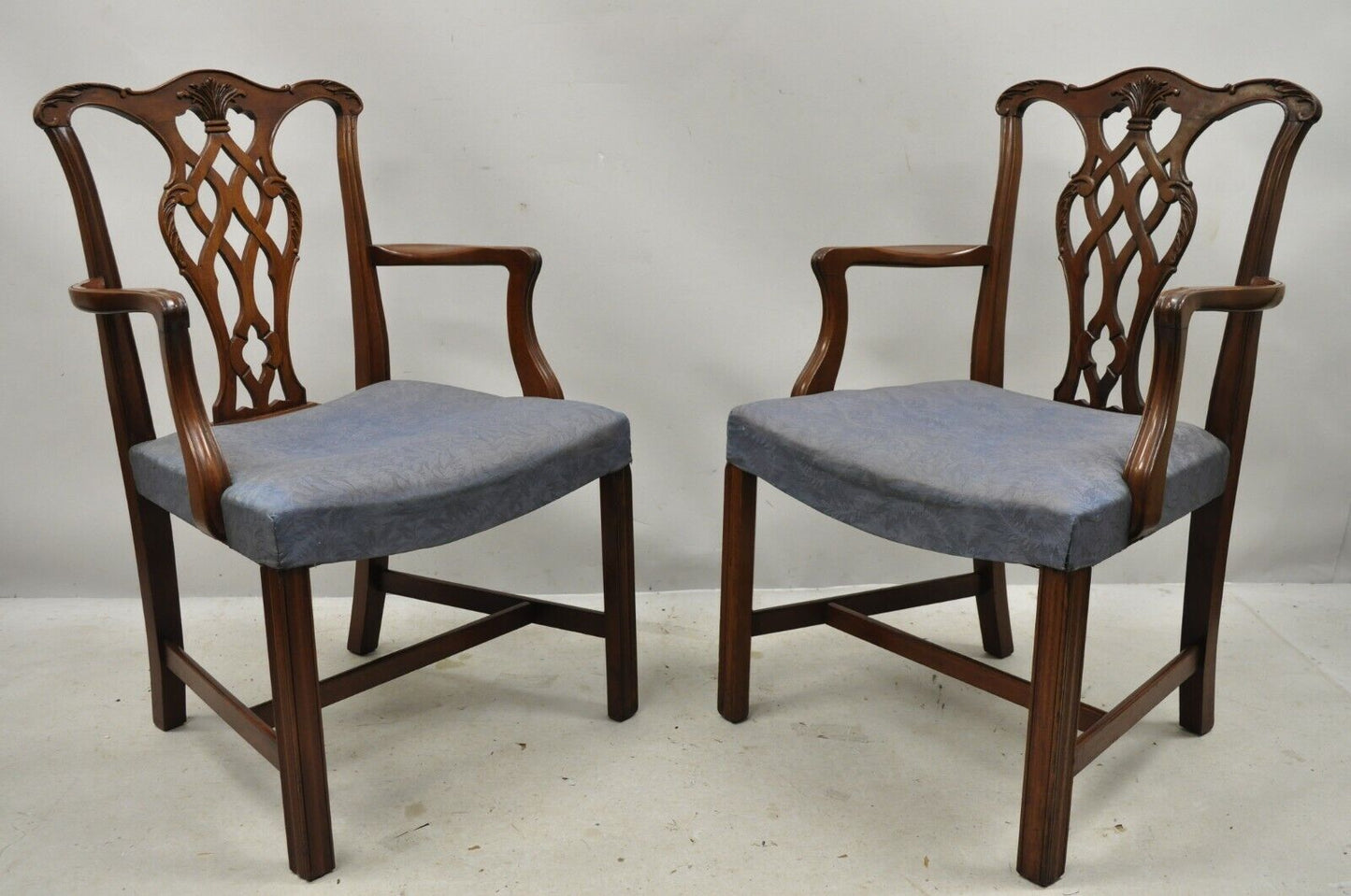 Vintage Georgian Chippendale Carved Mahogany Dining Captains Arm Chairs - Pair B