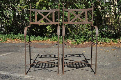 Vtg Neoclassical Regency Style Iron X Form Stretcher Garden Arm Chairs - a Pair