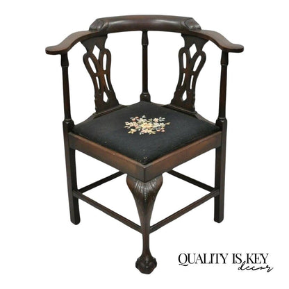 Antique English Chippendale Georgian Style Mahogany Ball and Claw Corner Chair