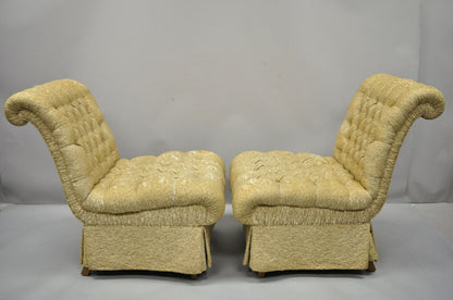 Pair Dorothy Draper Style French Hollywood Regency Rolled Back Slipper Chairs
